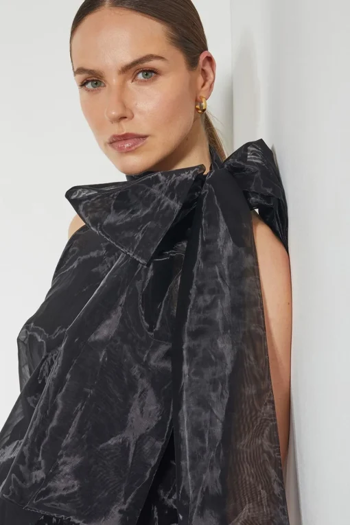 Vera Sleeveless Organza Pussybow Top Black