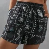 Viscose Postcard Print Nylon Drawstring Waist Short