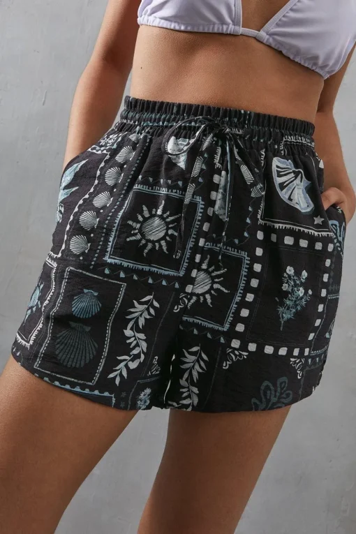 Viscose Postcard Print Nylon Drawstring Waist Short