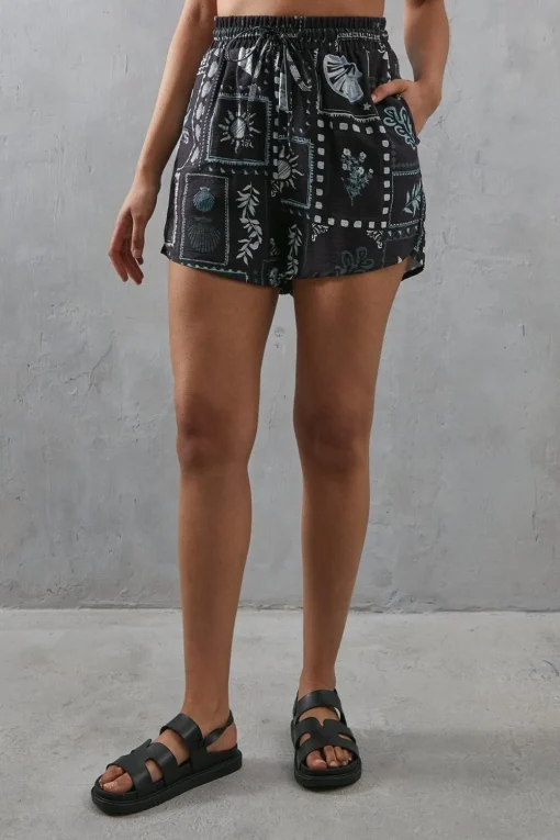 Viscose Postcard Print Nylon Drawstring Waist Short