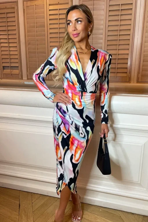 V-Neck Long Sleeve Bodycon Midi Dress