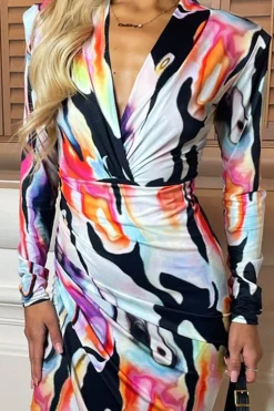 V-Neck Long Sleeve Bodycon Midi Dress