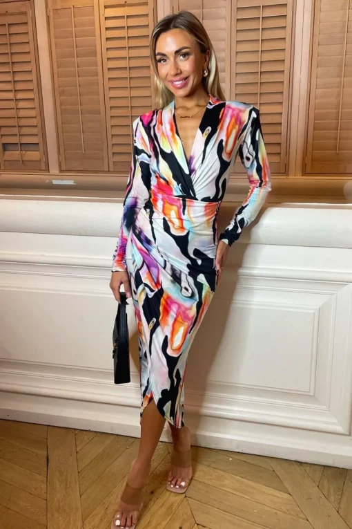 V-Neck Long Sleeve Bodycon Midi Dress