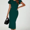 Volume Sleeve Bodycon Midi Dress In Green