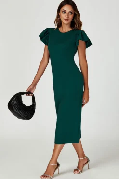 Volume Sleeve Bodycon Midi Dress In Green