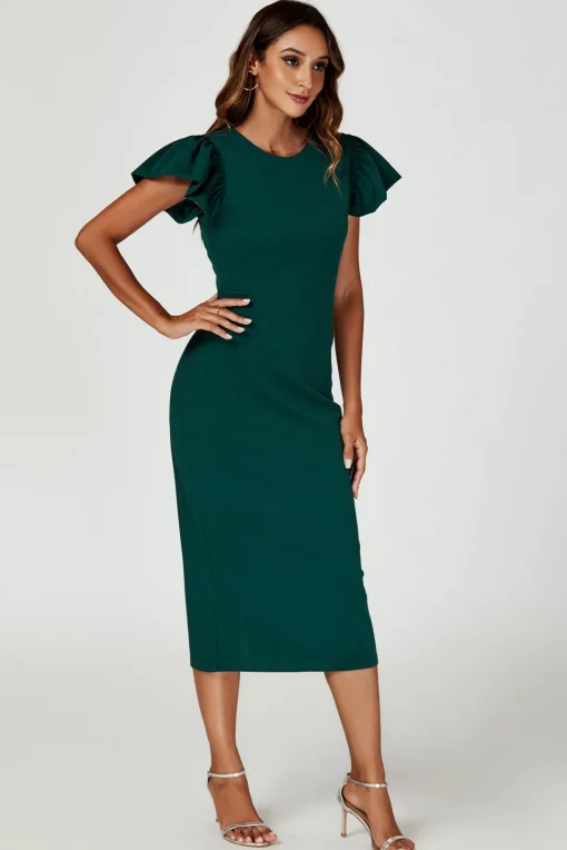 Volume Sleeve Bodycon Midi Dress In Green
