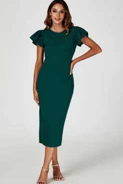 Volume Sleeve Bodycon Midi Dress In Green