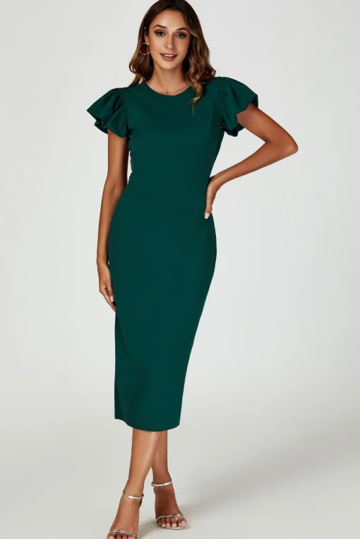 Volume Sleeve Bodycon Midi Dress In Green