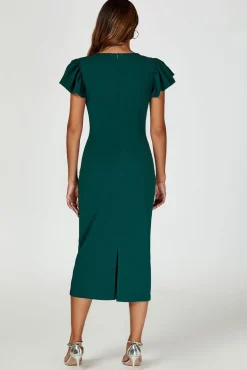 Volume Sleeve Bodycon Midi Dress In Green