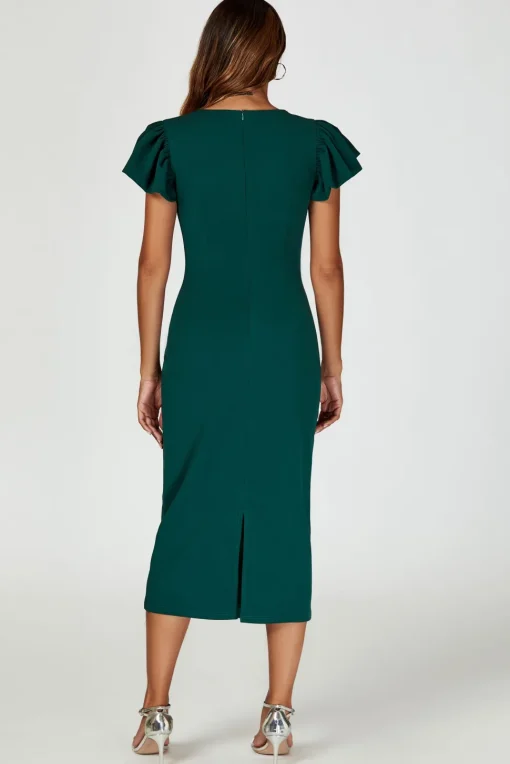 Volume Sleeve Bodycon Midi Dress In Green
