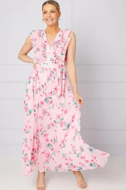 Watercolour Floral Pleated Ruffle Maxi Dress