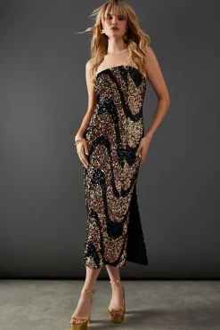 Wave Sequin Bandeau Split Side Midi Dress