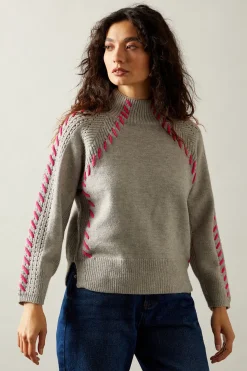 Whipstitch Pointelle Detail High Neck Jumper