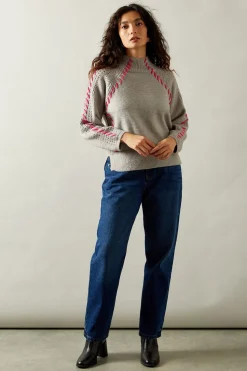 Whipstitch Pointelle Detail High Neck Jumper