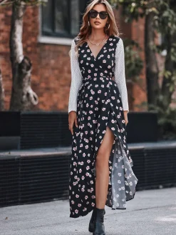 White Dot Floral Print Mix Wrap Dress In Black