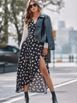 White Dot Floral Print Mix Wrap Dress In Black