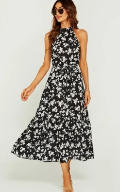 White Flora Print Halter Neck Maxi Layer Dress In Black
