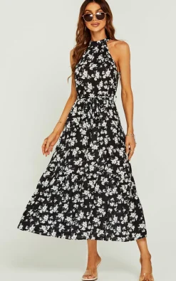 White Flora Print Halter Neck Maxi Layer Dress In Black