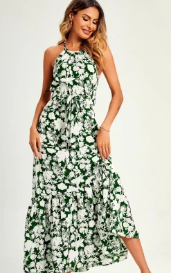 White Flora Print Halterneck Tiered Maxi Dress In Green