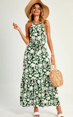 White Flora Print Halterneck Tiered Maxi Dress In Green