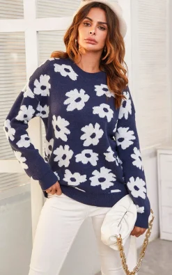 White Flower Pattern Jumper Top In Navy