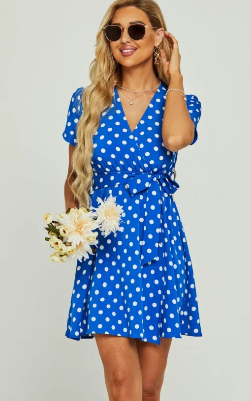 White Polka Dot Print High Waist Wrap Neckline Mini Dress In Blue