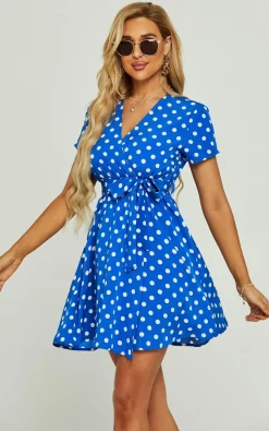 White Polka Dot Print High Waist Wrap Neckline Mini Dress In Blue