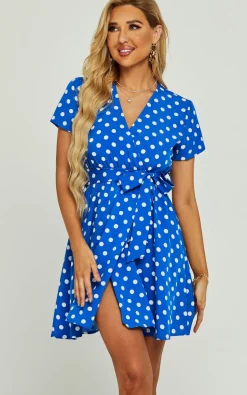 White Polka Dot Print High Waist Wrap Neckline Mini Dress In Blue