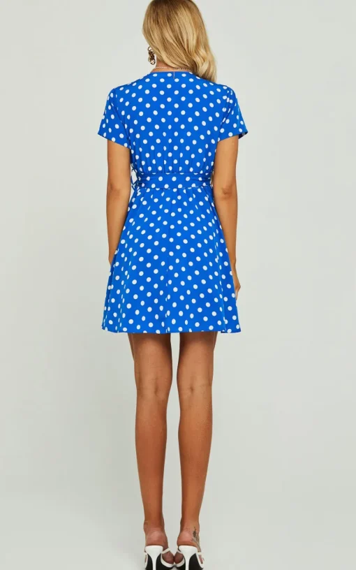White Polka Dot Print High Waist Wrap Neckline Mini Dress In Blue
