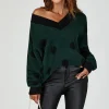 Wool Blended V Neck Jumper In Green & Black Polka Dot
