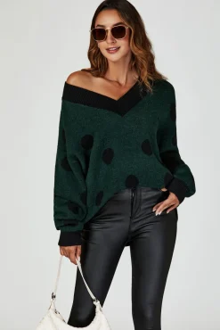 Wool Blended V Neck Jumper In Green & Black Polka Dot