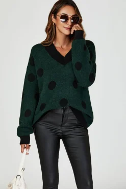 Wool Blended V Neck Jumper In Green & Black Polka Dot