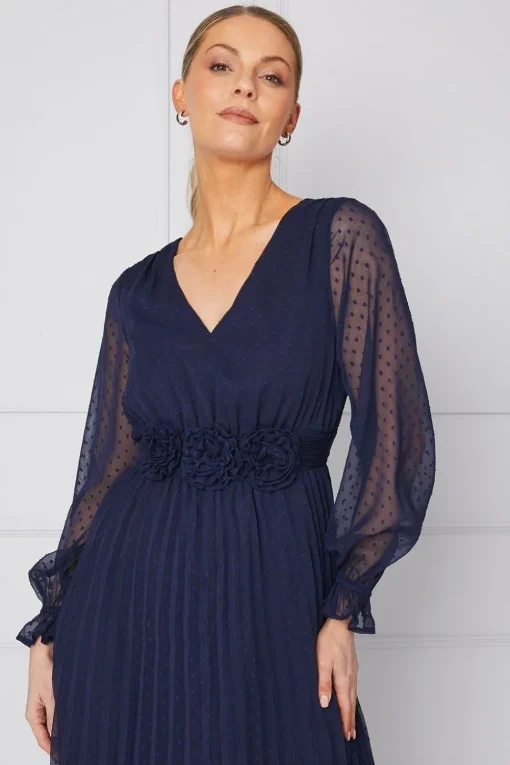 Woven Corsage Detail Pleated Midaxi Dress