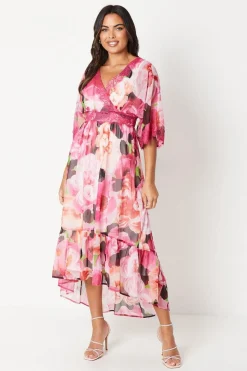 Wrap Bodice Printed Lace Trim Midi Dress