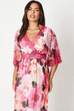 Wrap Bodice Printed Lace Trim Midi Dress