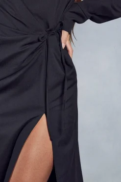 Wrap Collared Split Leg Shirt Style Maxi Dress