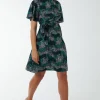 Wrap Front High Neck Dress With Angel Sleeves