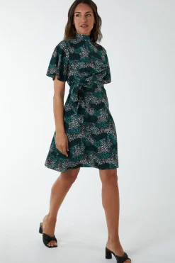 Wrap Front High Neck Dress With Angel Sleeves