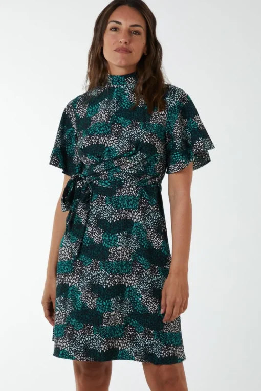 Wrap Front High Neck Dress With Angel Sleeves