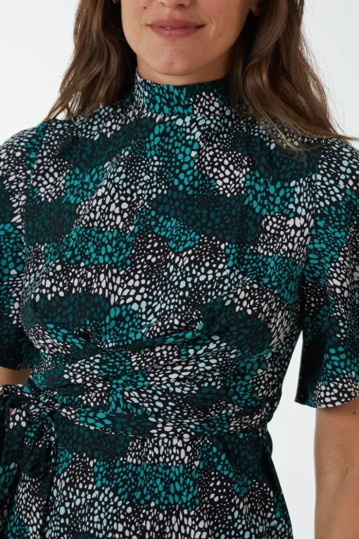 Wrap Front High Neck Dress With Angel Sleeves