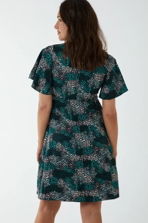 Wrap Front High Neck Dress With Angel Sleeves