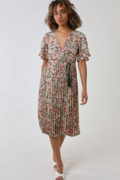 Wrap Front Pleated Hem Dress With Angel Sleeves