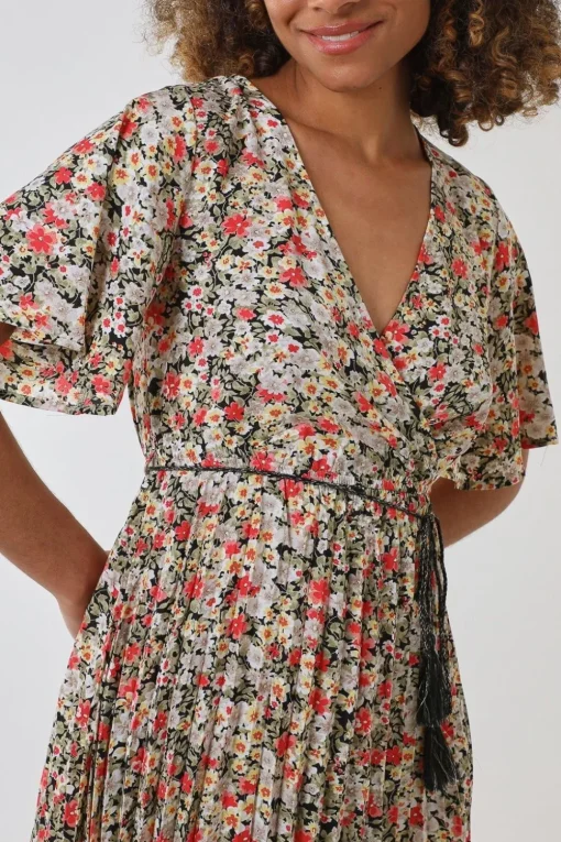 Wrap Front Pleated Hem Dress With Angel Sleeves
