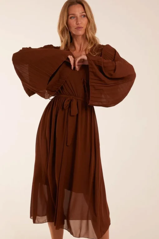 Wrap Front Pleated Sleeve Midi Dress