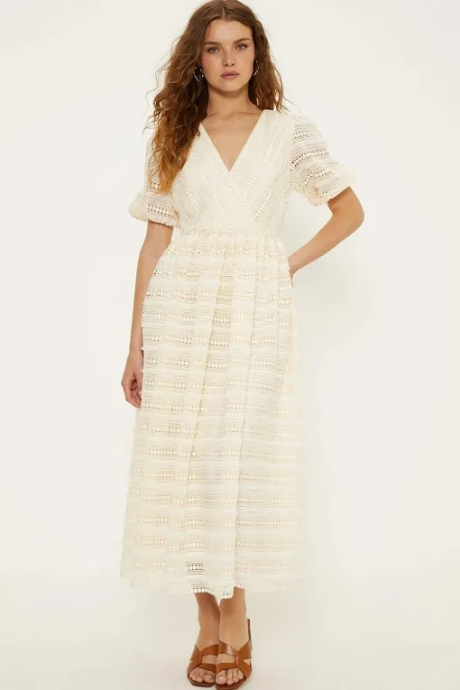 Wrap Front Puff Sleeve Lace Midi Dress