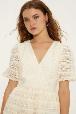 Wrap Front Puff Sleeve Lace Midi Dress