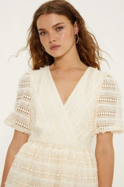 Wrap Front Puff Sleeve Lace Midi Dress