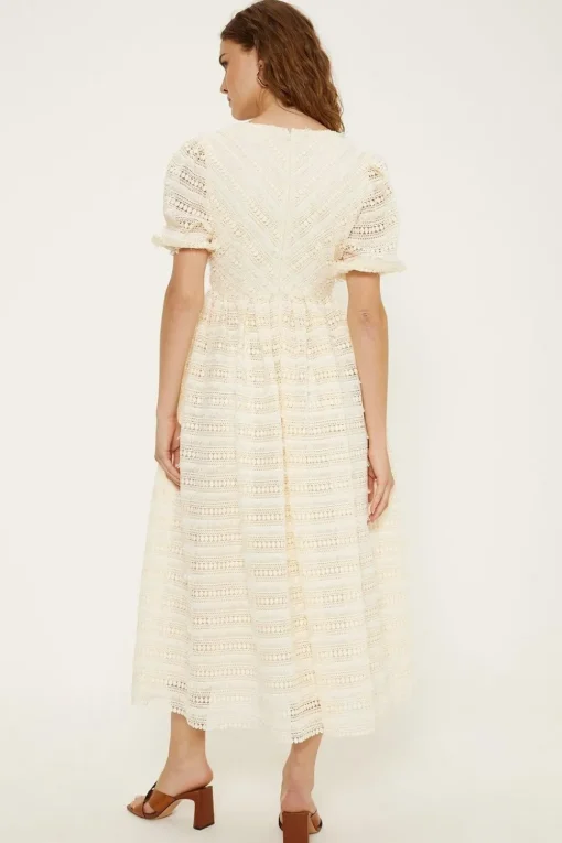 Wrap Front Puff Sleeve Lace Midi Dress
