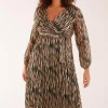 Wrap Over Metallic Vertical Print Dress