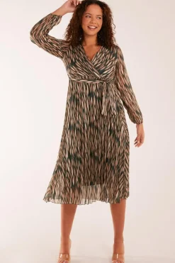 Wrap Over Metallic Vertical Print Dress